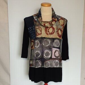 Dolcezza Simply Art Womens Tunic Large Multicolor Print Cowl Neck 3\4 Sleeve
